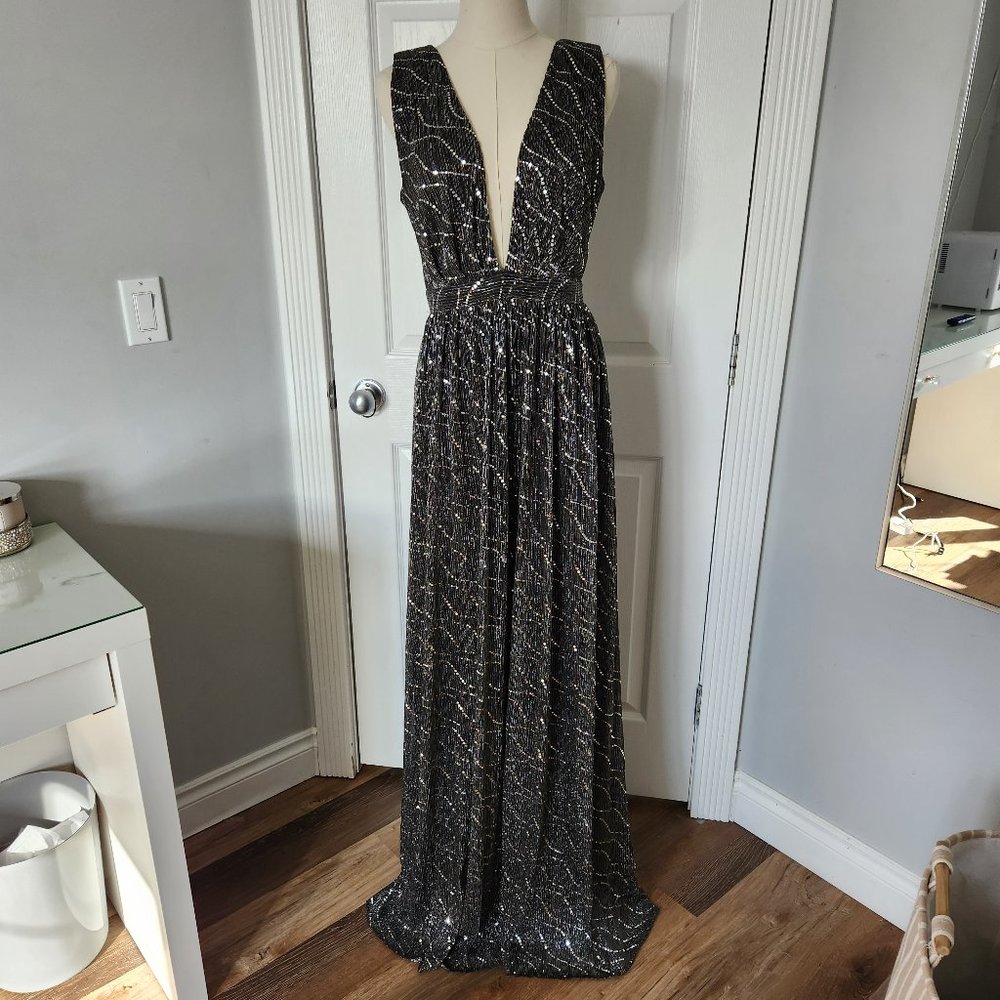 Symphony Sequined Floor Length Maxi with Plunging Neckline